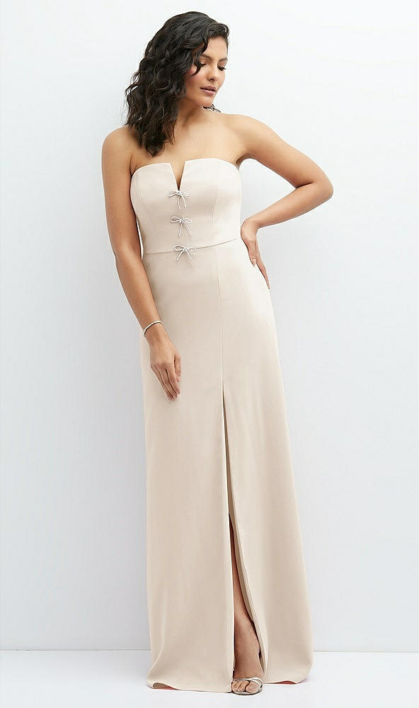 Front View - Oat Strapless Notch-Neck Crepe A-line Dress with Rhinestone Piping Bows
