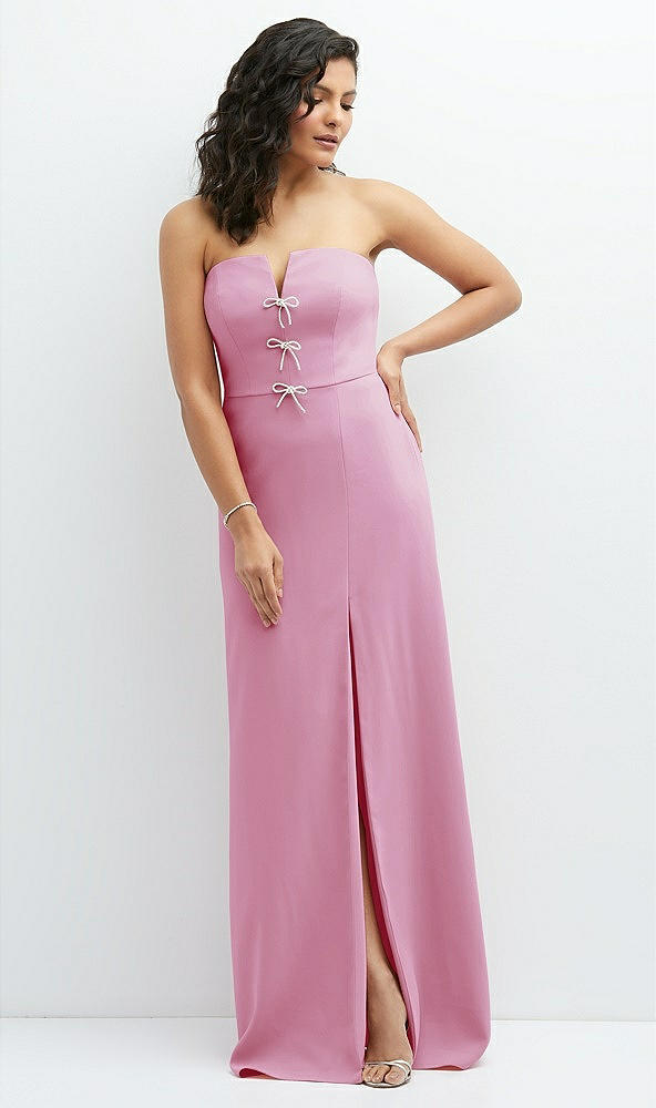 Front View - Powder Pink Strapless Notch-Neck Crepe A-line Dress with Rhinestone Piping Bows