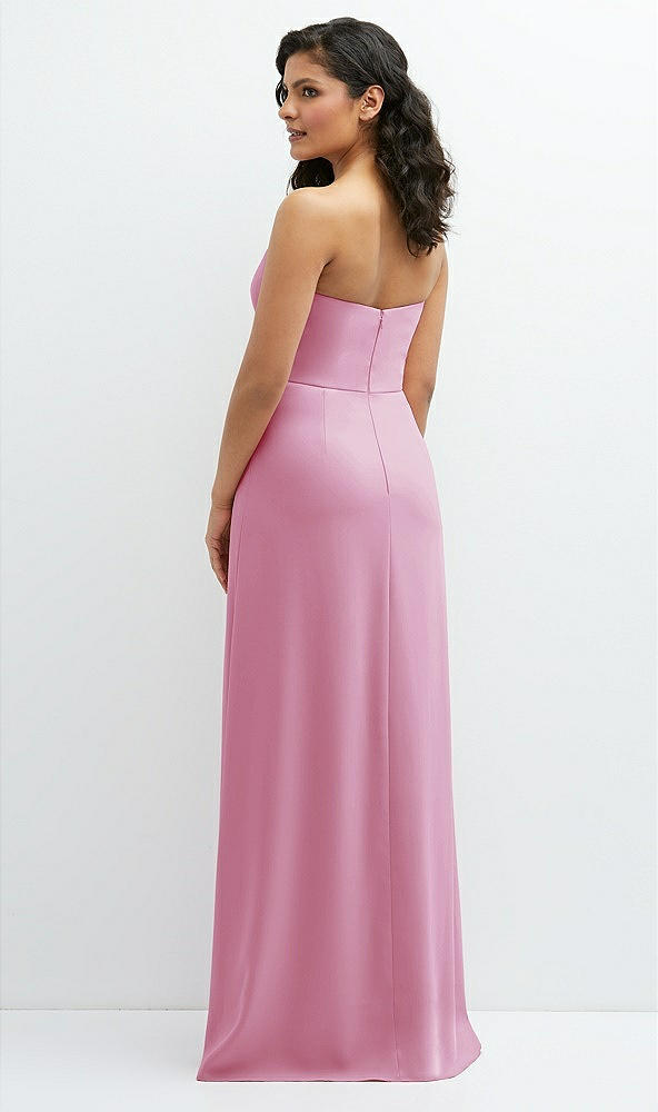 Back View - Powder Pink Strapless Notch-Neck Crepe A-line Dress with Rhinestone Piping Bows