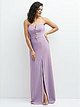Front View Thumbnail - Pale Purple Strapless Notch-Neck Crepe A-line Dress with Rhinestone Piping Bows