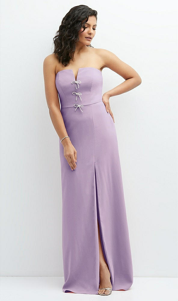 Front View - Pale Purple Strapless Notch-Neck Crepe A-line Dress with Rhinestone Piping Bows