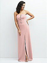 Front View Thumbnail - Rose - PANTONE Rose Quartz Strapless Notch-Neck Crepe A-line Dress with Rhinestone Piping Bows