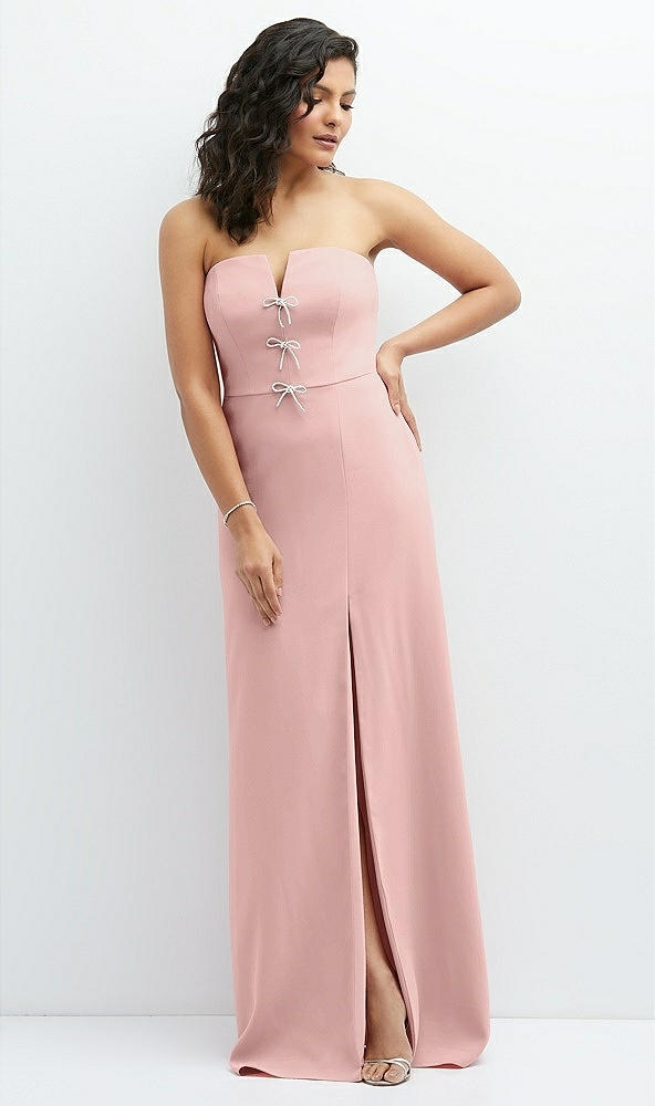 Front View - Rose - PANTONE Rose Quartz Strapless Notch-Neck Crepe A-line Dress with Rhinestone Piping Bows