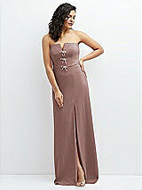 Front View Thumbnail - Sienna Strapless Notch-Neck Crepe A-line Dress with Rhinestone Piping Bows