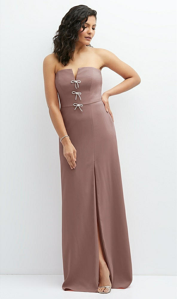 Front View - Sienna Strapless Notch-Neck Crepe A-line Dress with Rhinestone Piping Bows