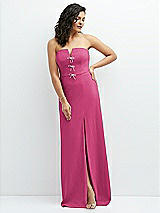 Front View Thumbnail - Tea Rose Strapless Notch-Neck Crepe A-line Dress with Rhinestone Piping Bows