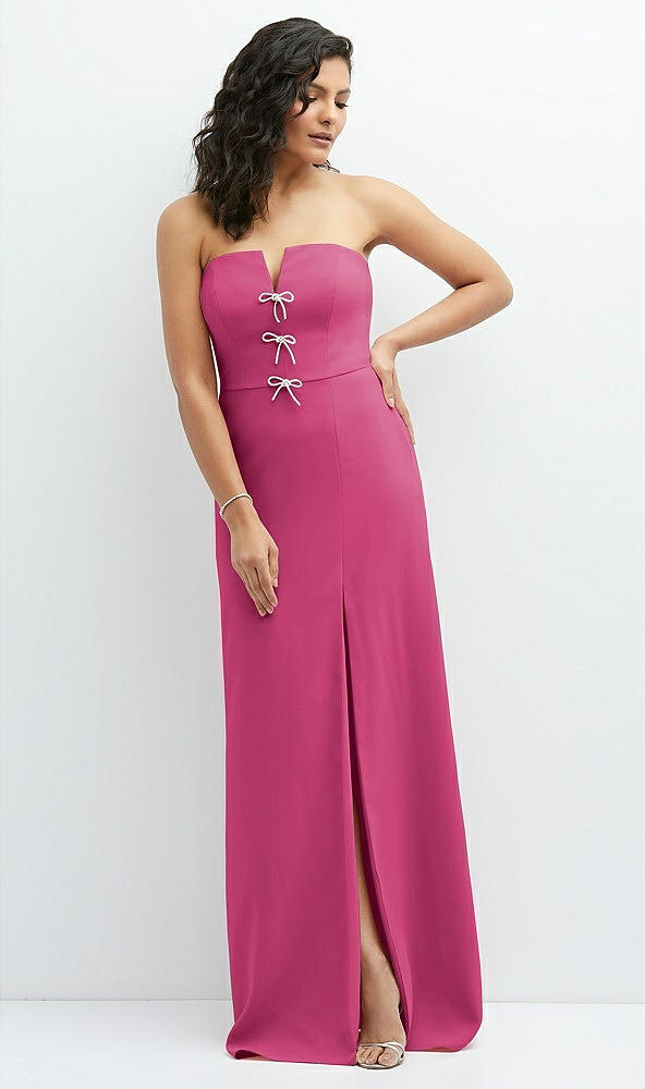 Front View - Tea Rose Strapless Notch-Neck Crepe A-line Dress with Rhinestone Piping Bows