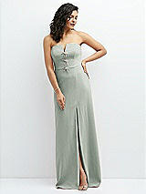 Front View Thumbnail - Willow Green Strapless Notch-Neck Crepe A-line Dress with Rhinestone Piping Bows