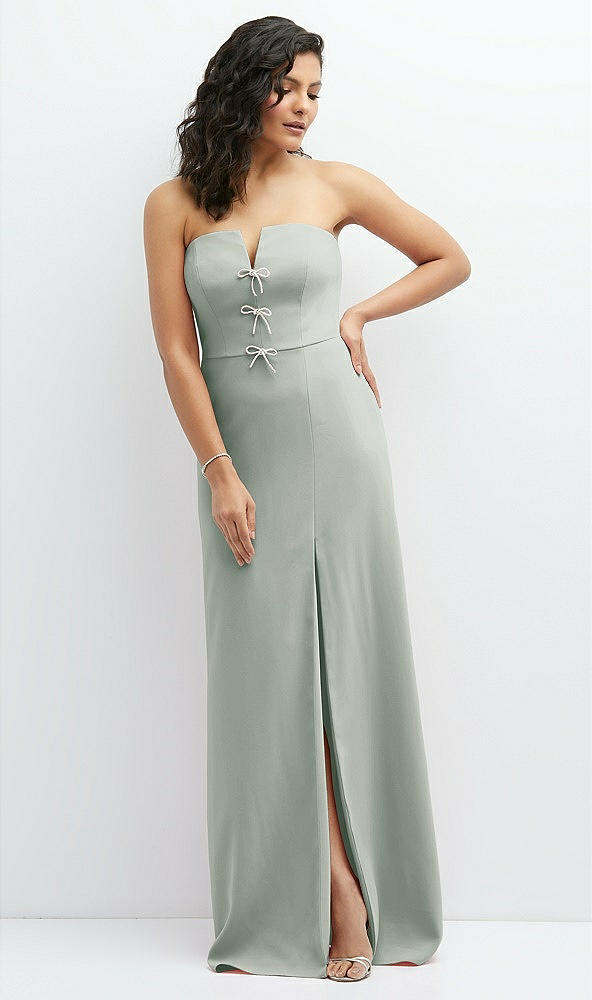 Front View - Willow Green Strapless Notch-Neck Crepe A-line Dress with Rhinestone Piping Bows