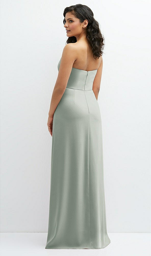 Back View - Willow Green Strapless Notch-Neck Crepe A-line Dress with Rhinestone Piping Bows