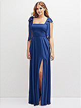 Front View Thumbnail - Classic Blue Bow Shoulder Square Neck Chiffon Maxi Dress