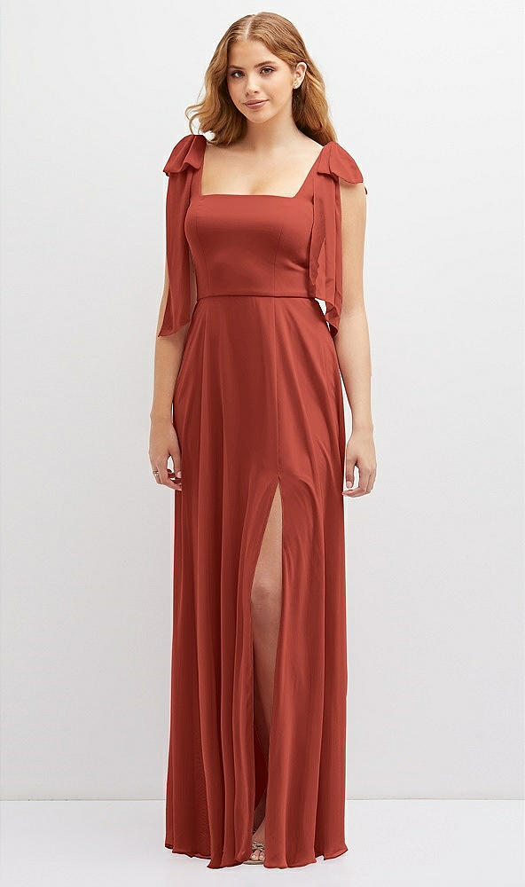 Front View - Amber Sunset Bow Shoulder Square Neck Chiffon Maxi Dress