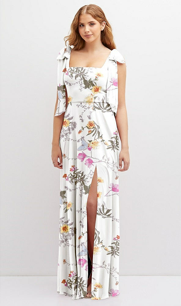 Front View - Butterfly Botanica Ivory Bow Shoulder Square Neck Chiffon Maxi Dress