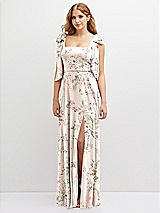 Front View Thumbnail - Blush Garden Bow Shoulder Square Neck Chiffon Maxi Dress