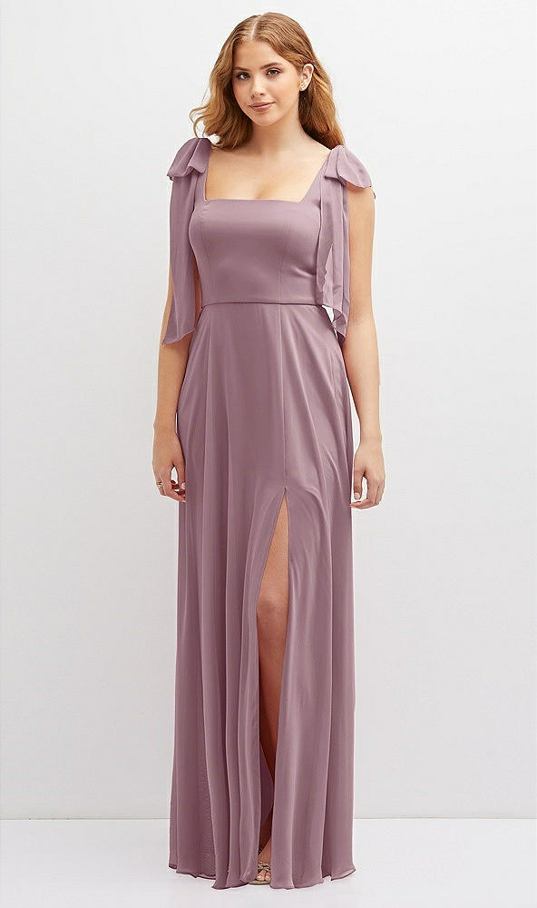 Front View - Dusty Rose Bow Shoulder Square Neck Chiffon Maxi Dress
