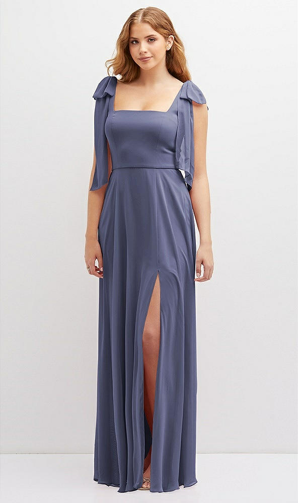 Front View - French Blue Bow Shoulder Square Neck Chiffon Maxi Dress