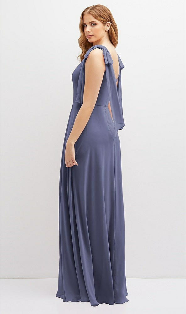 Back View - French Blue Bow Shoulder Square Neck Chiffon Maxi Dress