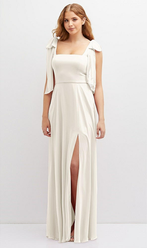 Front View - Ivory Bow Shoulder Square Neck Chiffon Maxi Dress