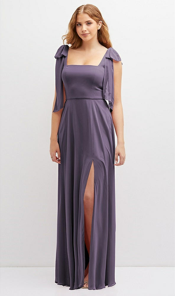 Front View - Lavender Bow Shoulder Square Neck Chiffon Maxi Dress