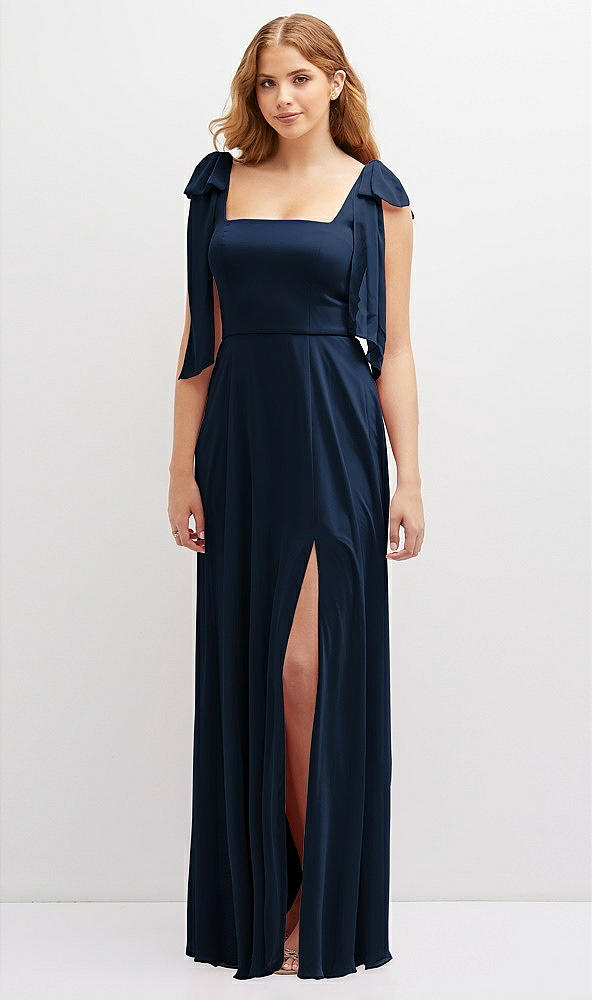 Front View - Midnight Navy Bow Shoulder Square Neck Chiffon Maxi Dress
