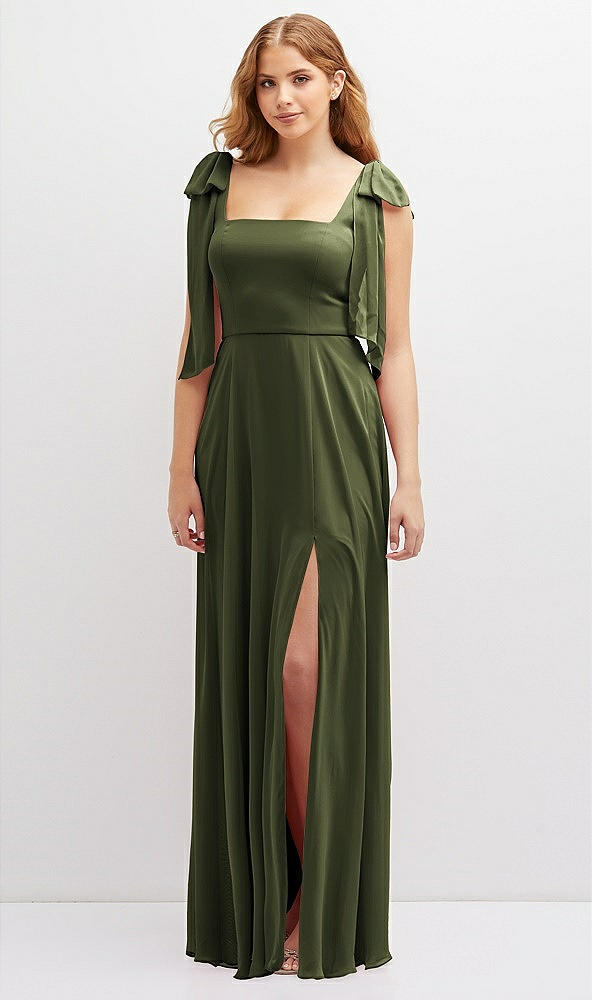 Front View - Olive Green Bow Shoulder Square Neck Chiffon Maxi Dress