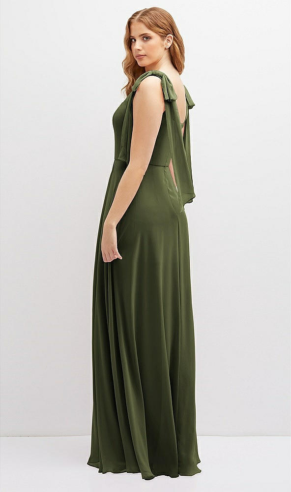 Back View - Olive Green Bow Shoulder Square Neck Chiffon Maxi Dress