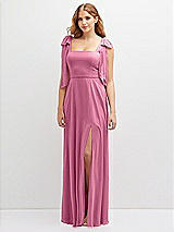 Front View Thumbnail - Orchid Pink Bow Shoulder Square Neck Chiffon Maxi Dress