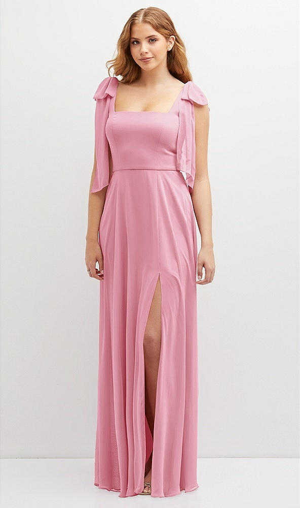 Front View - Peony Pink Bow Shoulder Square Neck Chiffon Maxi Dress
