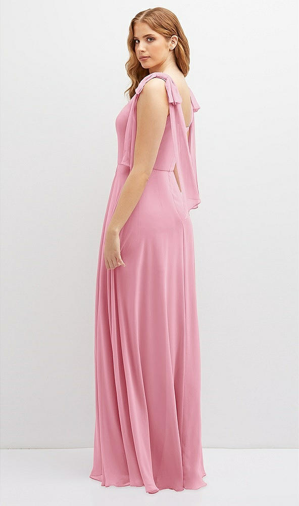 Back View - Peony Pink Bow Shoulder Square Neck Chiffon Maxi Dress