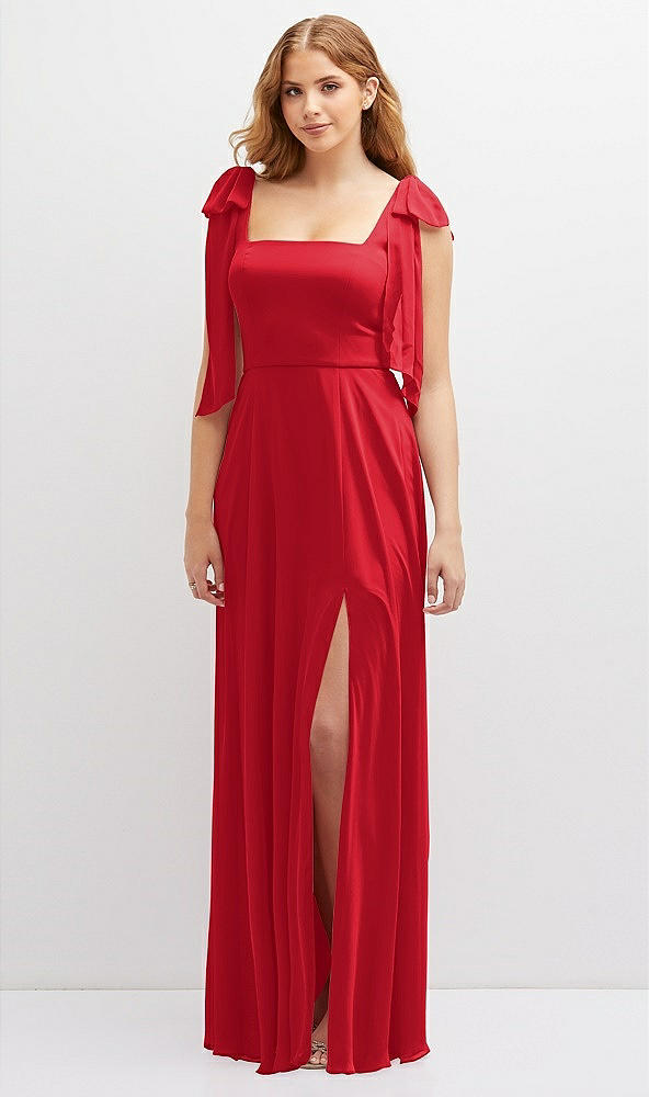 Front View - Parisian Red Bow Shoulder Square Neck Chiffon Maxi Dress