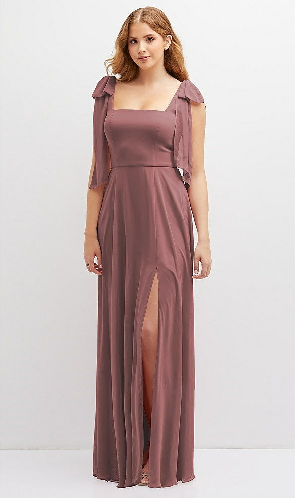 Front View - Rosewood Bow Shoulder Square Neck Chiffon Maxi Dress