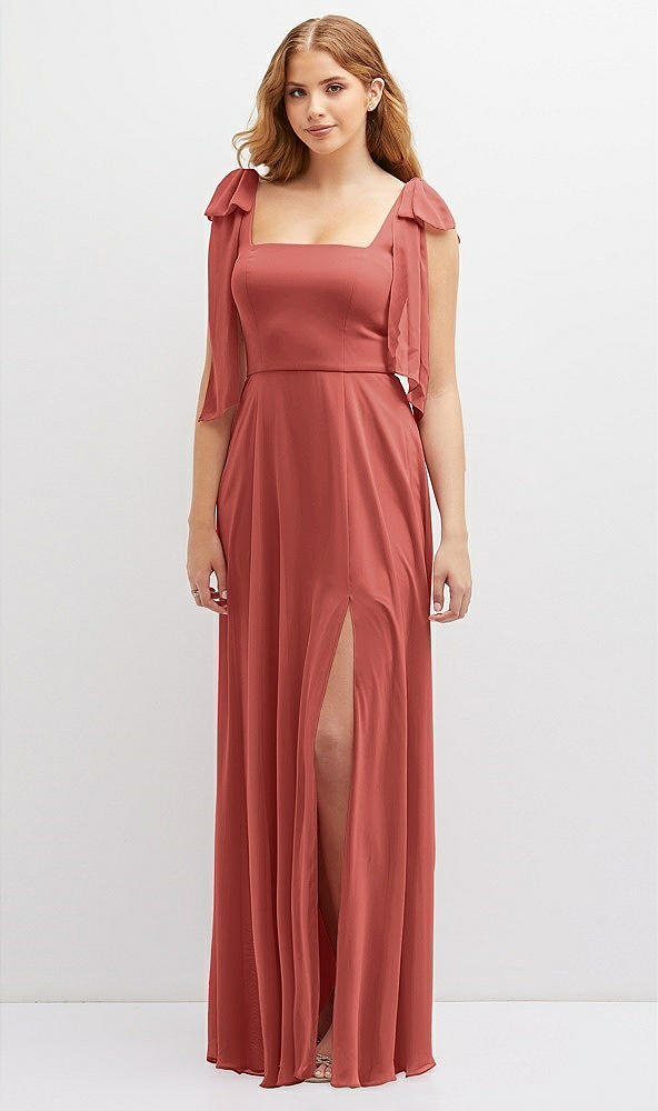 Front View - Coral Pink Bow Shoulder Square Neck Chiffon Maxi Dress
