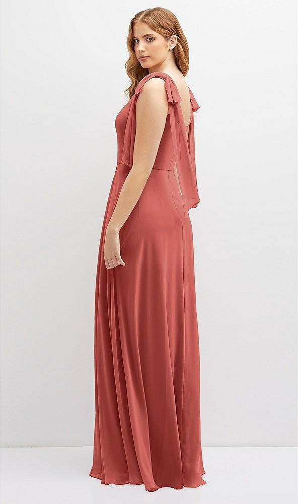 Back View - Coral Pink Bow Shoulder Square Neck Chiffon Maxi Dress