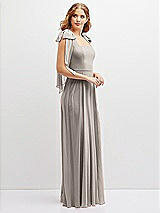 Side View Thumbnail - Taupe Bow Shoulder Square Neck Chiffon Maxi Dress