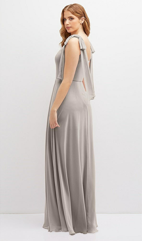 Back View - Taupe Bow Shoulder Square Neck Chiffon Maxi Dress