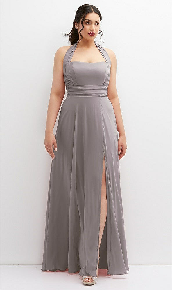 Front View - Cashmere Gray Chiffon Convertible Maxi Dress with Multi-Way Tie Straps