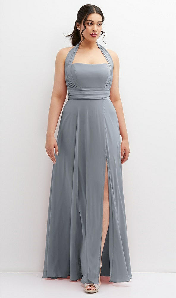Front View - Platinum Chiffon Convertible Maxi Dress with Multi-Way Tie Straps
