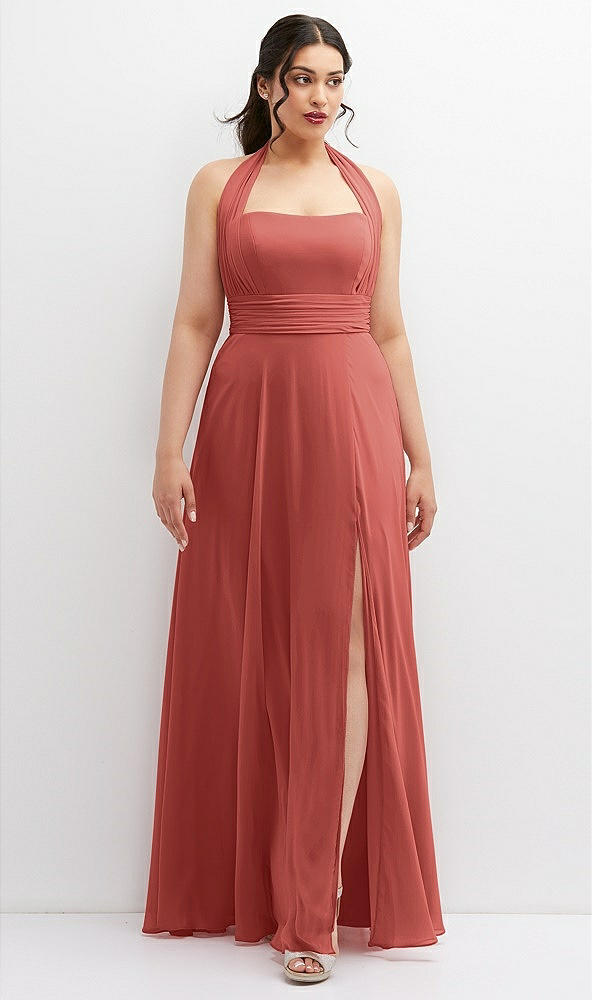 Front View - Coral Pink Chiffon Convertible Maxi Dress with Multi-Way Tie Straps
