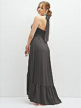 Rear View Thumbnail - Caviar Gray Chiffon Halter High-Low Dress with Deep Ruffle Hem