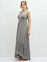 Side View Thumbnail - Chelsea Gray Chiffon Halter High-Low Dress with Deep Ruffle Hem
