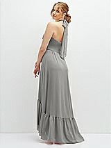 Rear View Thumbnail - Chelsea Gray Chiffon Halter High-Low Dress with Deep Ruffle Hem
