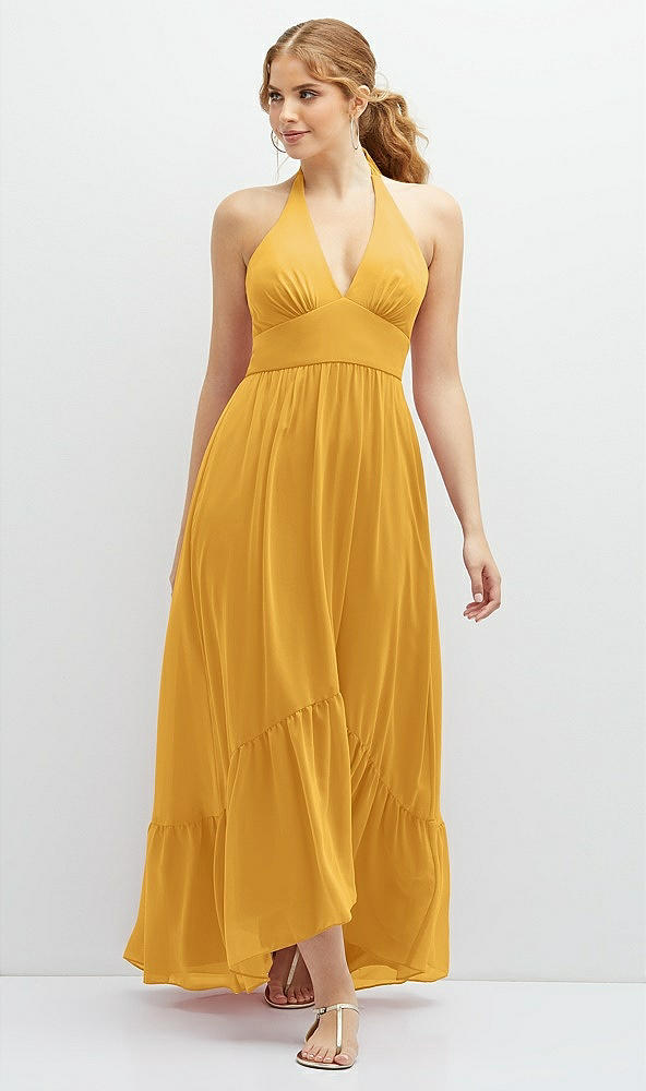 Front View - NYC Yellow Chiffon Halter High-Low Dress with Deep Ruffle Hem