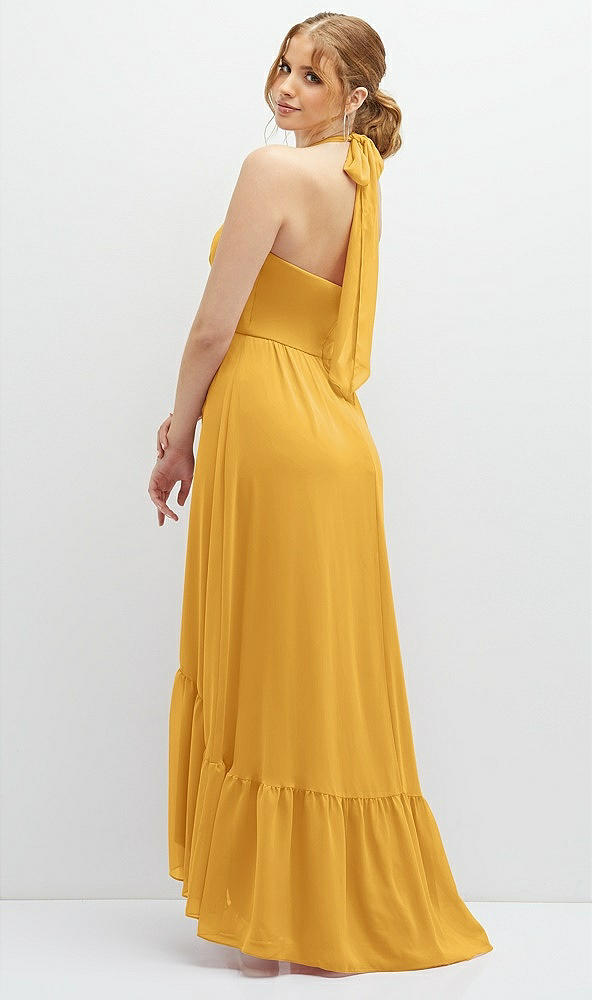 Back View - NYC Yellow Chiffon Halter High-Low Dress with Deep Ruffle Hem