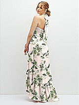 Rear View Thumbnail - Palm Beach Print Chiffon Halter High-Low Dress with Deep Ruffle Hem