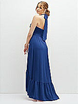 Rear View Thumbnail - Classic Blue Chiffon Halter High-Low Dress with Deep Ruffle Hem