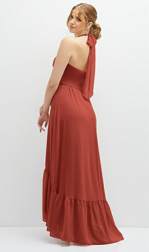 Back View - Amber Sunset Chiffon Halter High-Low Dress with Deep Ruffle Hem