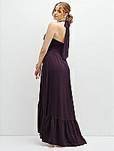 Rear View Thumbnail - Aubergine Chiffon Halter High-Low Dress with Deep Ruffle Hem