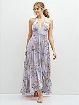 Front View Thumbnail - Butterfly Botanica Silver Dove Chiffon Halter High-Low Dress with Deep Ruffle Hem