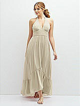 Front View Thumbnail - Champagne Chiffon Halter High-Low Dress with Deep Ruffle Hem