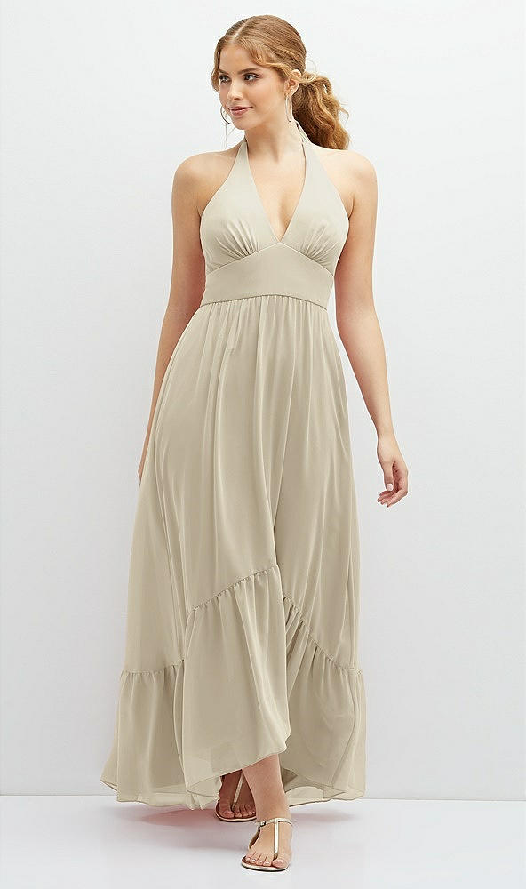 Front View - Champagne Chiffon Halter High-Low Dress with Deep Ruffle Hem